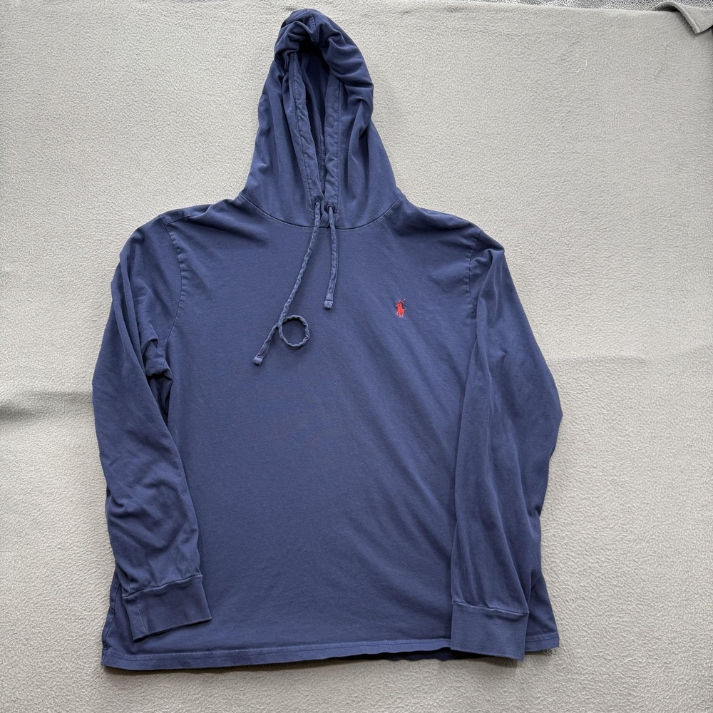 Polo Ralph Lauren Hoodie Mens Large Blue Lightweight Cotton Jersey Pullover Logo